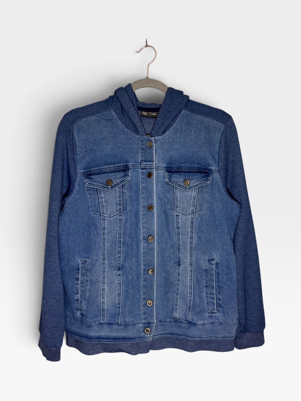 DG2 Diane Gilman Size Large L DG Downtime Knit Hooded Denim Jean Jacket Stretch